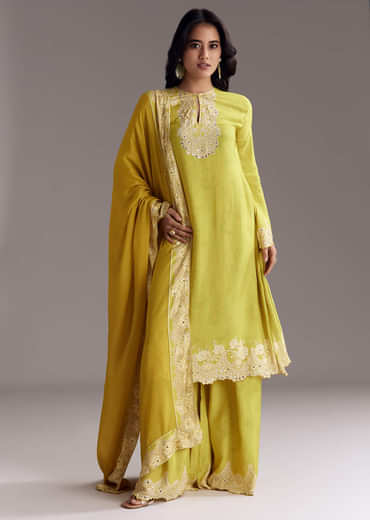 Lemon Green Printed Palazzo Set With Mirror Work