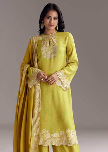 Lemon Green Printed Palazzo Set With Mirror Work