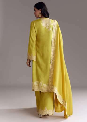 Lemon Green Printed Palazzo Set With Mirror Work