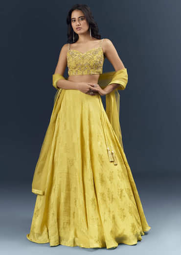 Lemon Yellow Banarasi Silk Bridesmaid Lehenga With Heavy Hand Embroidery