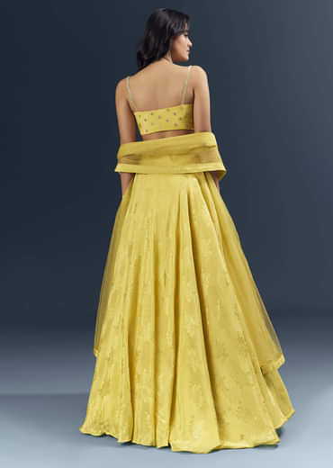 Lemon Yellow Banarasi Silk Bridesmaid Lehenga With Heavy Hand Embroidery