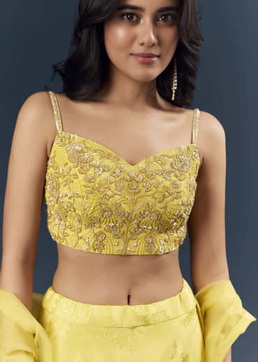Lemon Yellow Banarasi Silk Bridesmaid Lehenga With Heavy Hand Embroidery