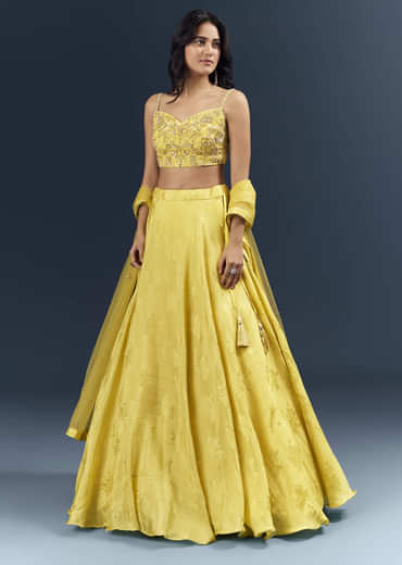 Lemon Yellow Banarasi Silk Bridesmaid Lehenga With Heavy Hand Embroidery