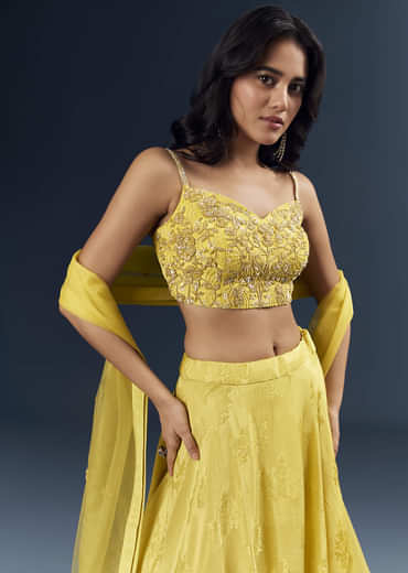Lemon Yellow Banarasi Silk Bridesmaid Lehenga With Heavy Hand Embroidery
