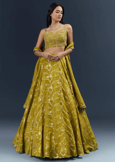 Lemon Yellow Banarasi Silk Bridesmaid Lehenga With Intricate Hand Embroidery