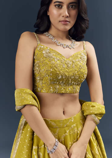 Lemon Yellow Banarasi Silk Bridesmaid Lehenga With Intricate Hand Embroidery