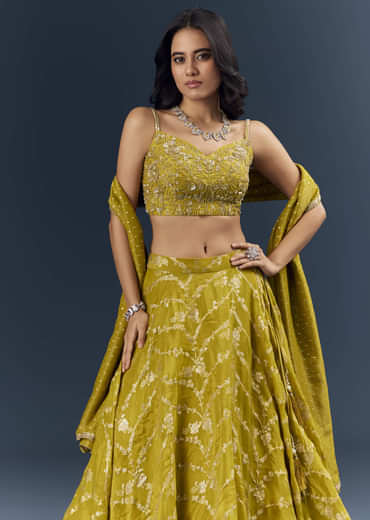 Lemon Yellow Banarasi Silk Bridesmaid Lehenga With Intricate Hand Embroidery