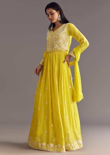 Lemon Yellow Chinon Anarkali With Moti And Sequins Embroidery