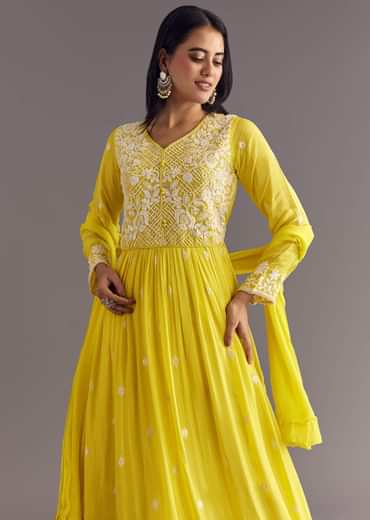 Lemon Yellow Chinon Anarkali With Moti And Sequins Embroidery