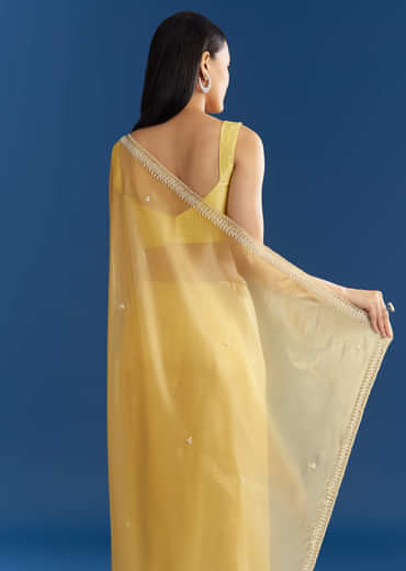 Lemon Yellow Organza Tissue Saree With Beaded Border