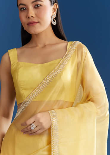 Lemon Yellow Organza Tissue Saree With Beaded Border
