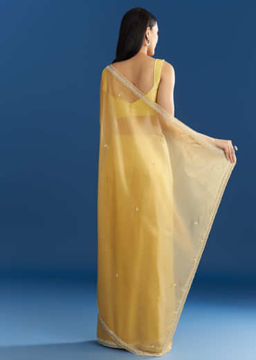 Lemon Yellow Organza Tissue Saree With Beaded Border