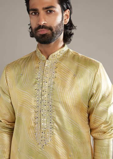 Lemon Yellow Silk Kurta Set For Men With Mirror Work