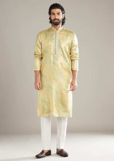 Lemon Yellow Silk Kurta Set For Men With Mirror Work