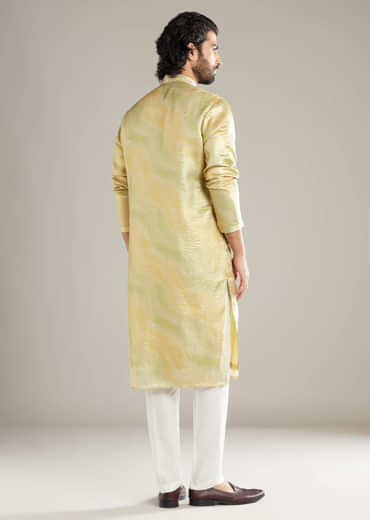Lemon Yellow Silk Kurta Set For Men With Mirror Work