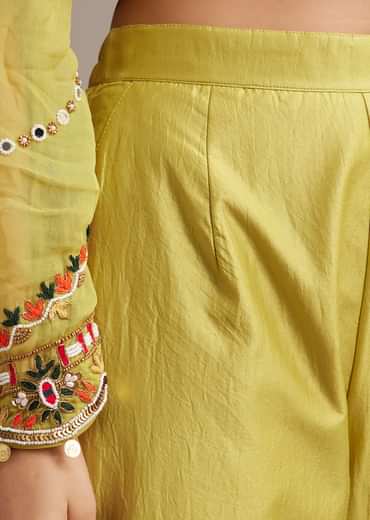 Lemon Yellow Silk Kurta Set With Mirror And Thread Work