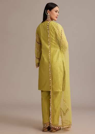 Lemon Yellow Silk Kurta Set With Mirror And Thread Work