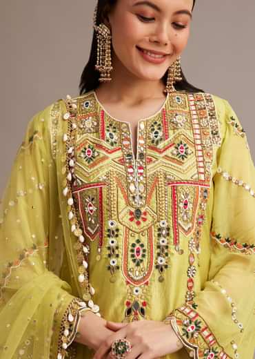Lemon Yellow Silk Kurta Set With Mirror And Thread Work