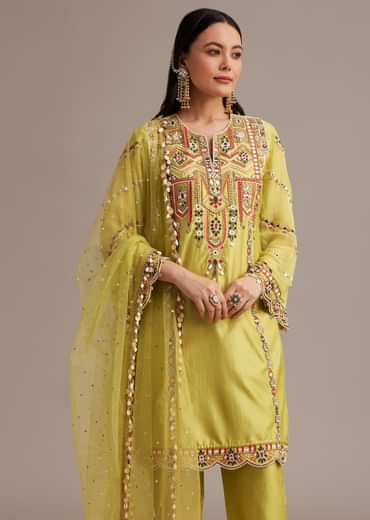 Lemon Yellow Silk Kurta Set With Mirror And Thread Work