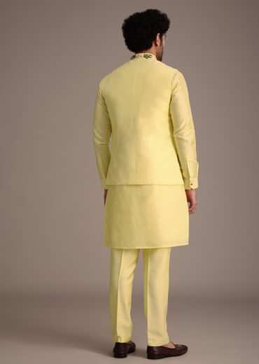 Lemon Yellow Silk Thread Work Kurta Jacket Set