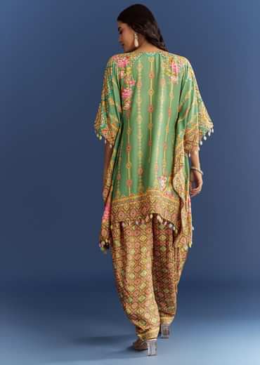 Light Aqua Green Cotton Muslin Kaftaan With Printed Dhoti