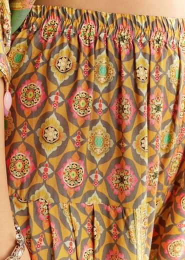 Light Aqua Green Cotton Muslin Kaftaan With Printed Dhoti