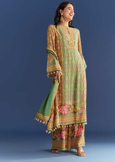 Light Aqua Green Cotton Muslin Kurta Dupatta With Printed Palazzo