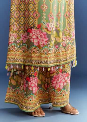 Light Aqua Green Cotton Muslin Kurta Dupatta With Printed Palazzo