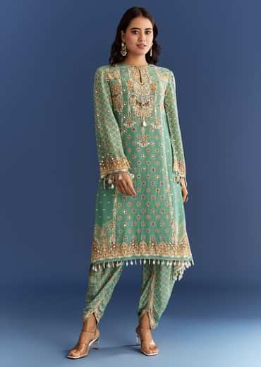 Light Aqua Green Crepe Printed Kurta Dhoti With Embroidery