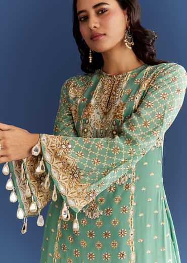 Light Aqua Green Crepe Printed Kurta Dhoti With Embroidery
