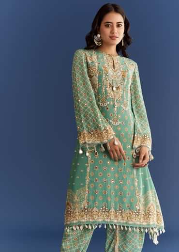 Light Aqua Green Crepe Printed Kurta Dhoti With Embroidery