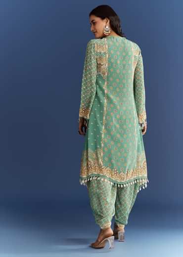 Light Aqua Green Crepe Printed Kurta Dhoti With Embroidery