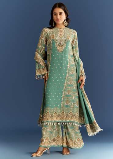 Light Aqua Green Crepe Printed Kurta Palazzo With Dupatta