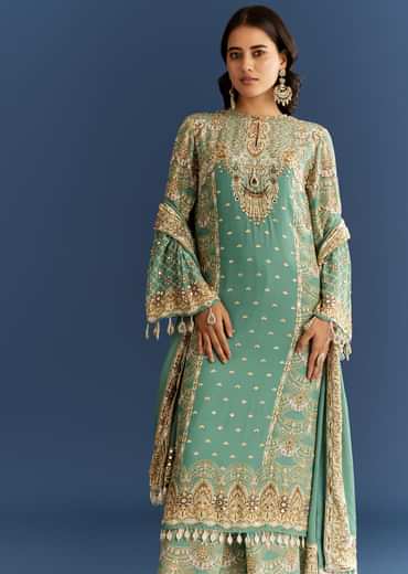 Light Aqua Green Crepe Printed Kurta Palazzo With Dupatta