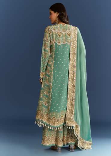 Light Aqua Green Crepe Printed Kurta Palazzo With Dupatta