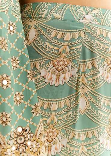 Light Aqua Green Crepe Printed Kurta Palazzo With Dupatta