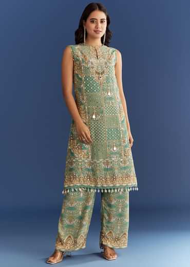 Light Aqua Green Crepe Printed Kurta Pant With Shell Tassels
