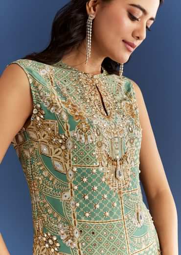 Light Aqua Green Crepe Printed Kurta Pant With Shell Tassels