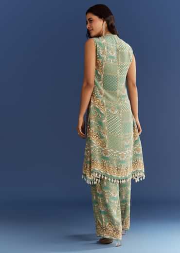 Light Aqua Green Crepe Printed Kurta Pant With Shell Tassels