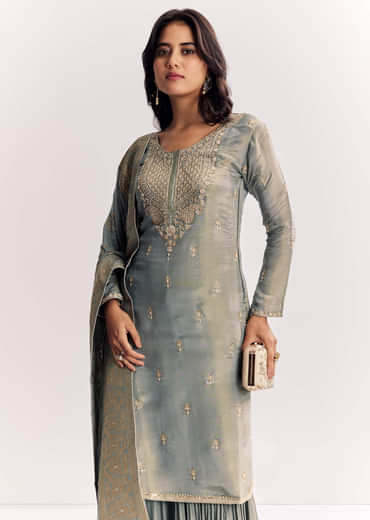 Light Aqua Green Tissue Kurta Sharara Suit With Cutdana And Moti Embroidery
