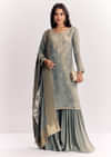 Light Aqua Green Tissue Kurta Sharara Suit With Cutdana And Moti Embroidery