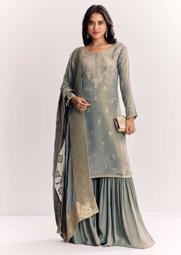 Light Aqua Green Tissue Kurta Sharara Suit With Cutdana And Moti Embroidery