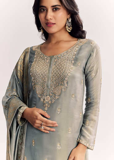 Light Aqua Green Tissue Kurta Sharara Suit With Cutdana And Moti Embroidery