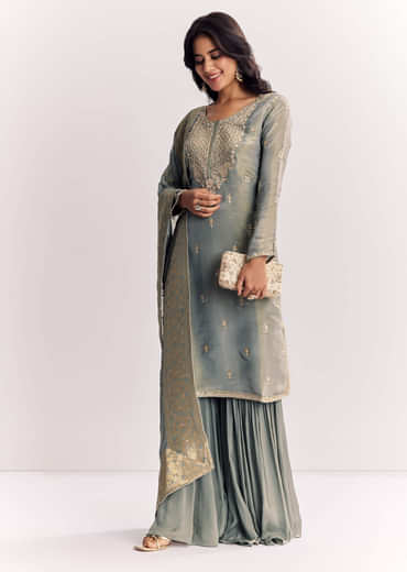 Light Aqua Green Tissue Kurta Sharara Suit With Cutdana And Moti Embroidery