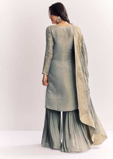 Light Aqua Green Tissue Kurta Sharara Suit With Cutdana And Moti Embroidery