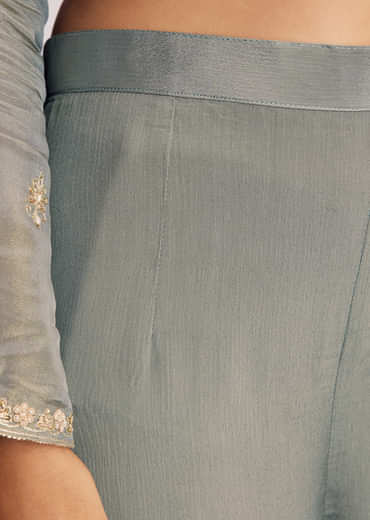 Light Aqua Green Tissue Kurta Sharara Suit With Cutdana And Moti Embroidery