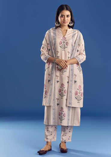 Light Beige Block Print Cotton Kurta Set With Mirror Work