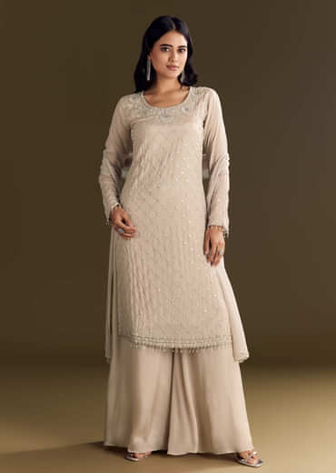 Light Beige Chinon Kurta Palazzo With Scallop Cutdana Dupatta