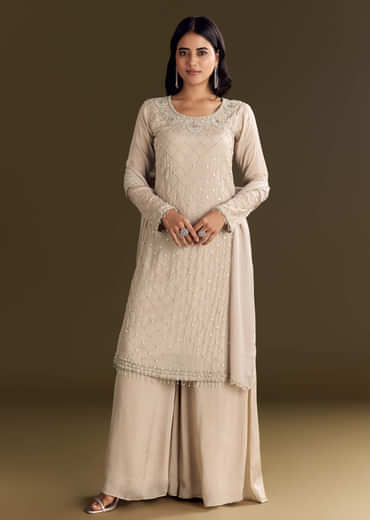 Light Beige Chinon Kurta Palazzo With Scallop Cutdana Dupatta