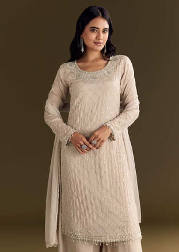 Light Beige Chinon Kurta Palazzo With Scallop Cutdana Dupatta